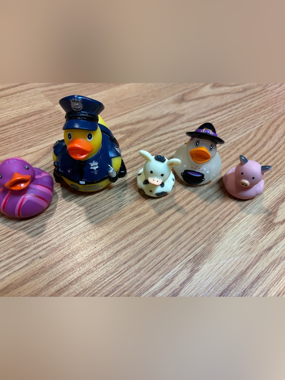 Set of 5 Rubber Duck toys - police, cow, Halloween, pig and purple duck